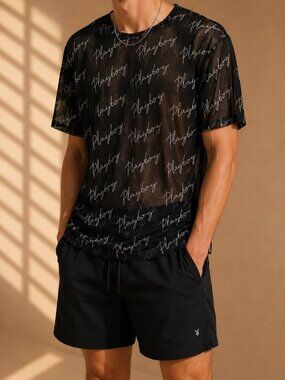 Playboy Script Print Mesh T-Shirt Black‎ Unisex (Men’s S)